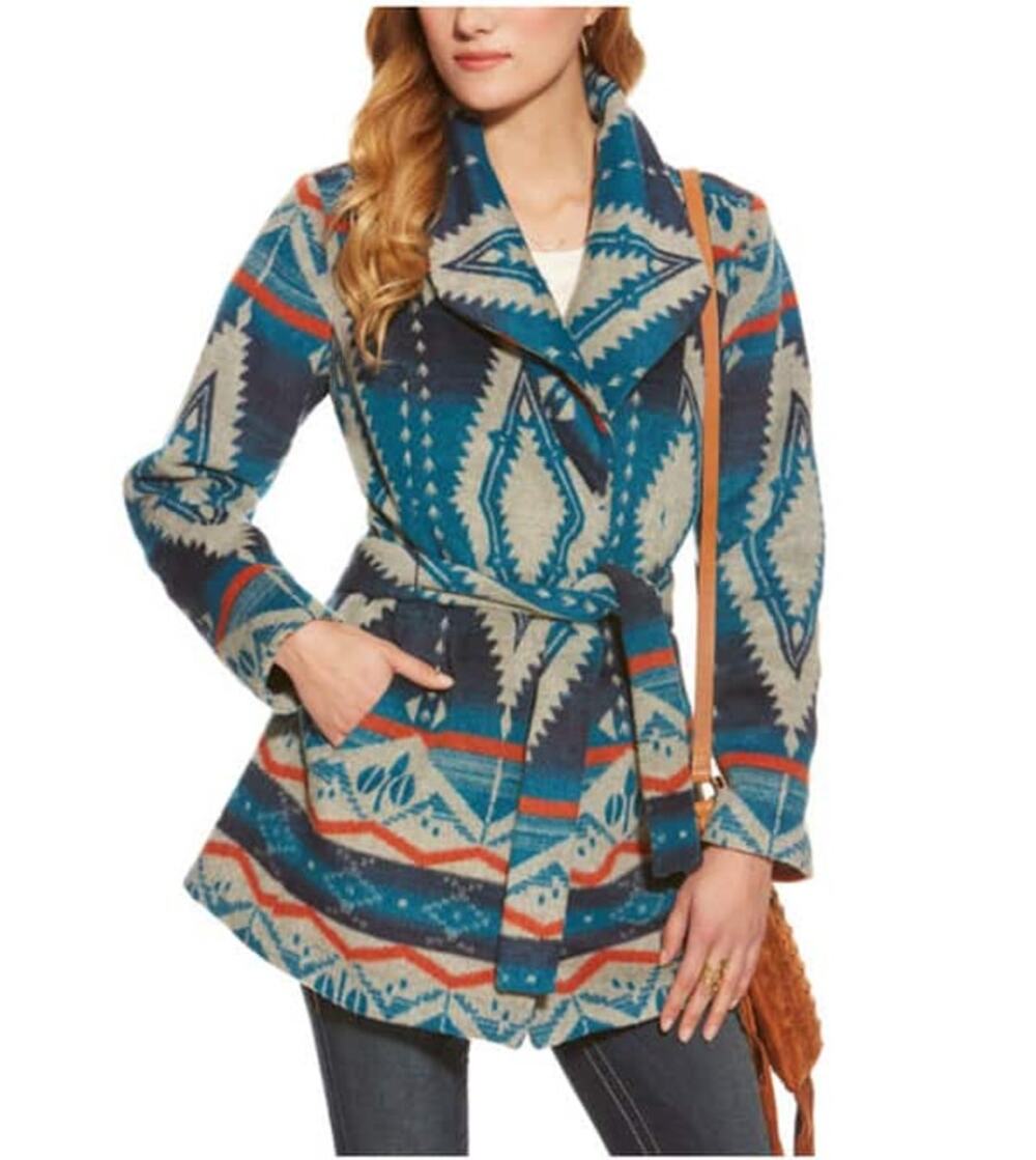 Womens Ariat Calico Coat Size Small Southwest Geometric Blue Brown Tie Waist
